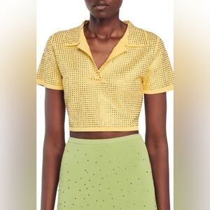 Sandro Vierge Embellished Crop Knit Polo Shirt in Yellow Size 0